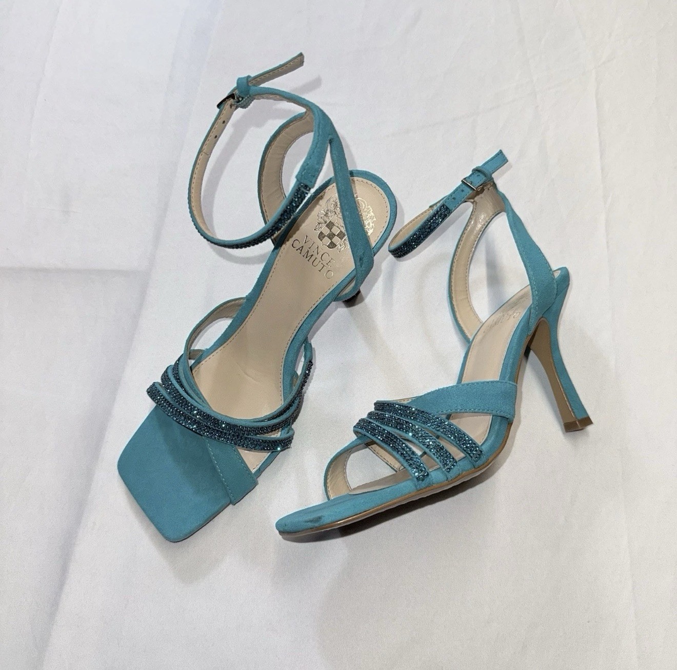 Vince Camuto Blue Leather Rhinestone Ankle Strap Square Toe Heels Womens 7.5