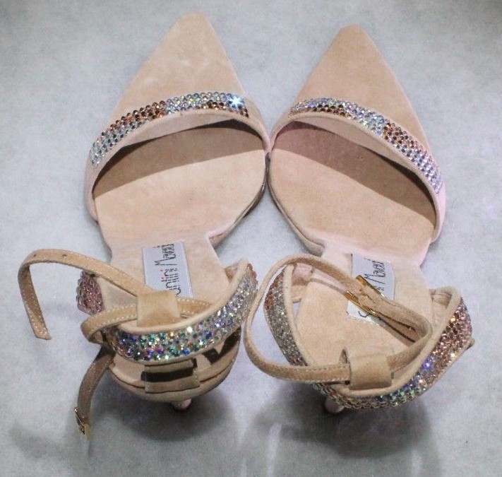 NIB Santini Mavardi Miami Nude Suede Pumps Sandals Shoes Size 7 Heels Open Toe B