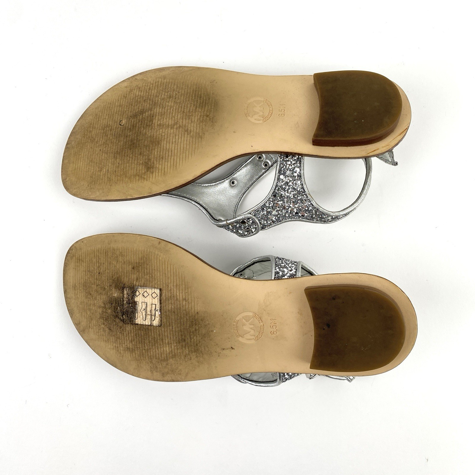 Michael Kors MK Plate Silver Glitter Thong Ankle Strap Sandals Women’s Size 6.5M