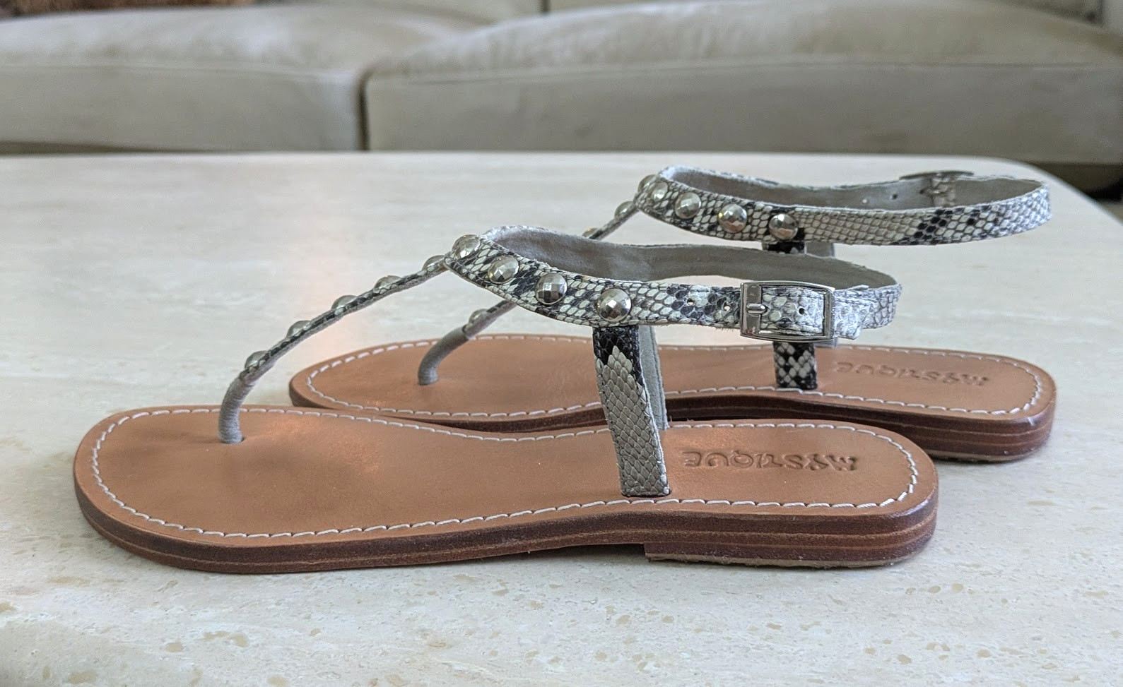 MYSTIQUE Size 10 Studded Ankle Strap Thong LEATHER Sandals Snakeskin Gray Silver