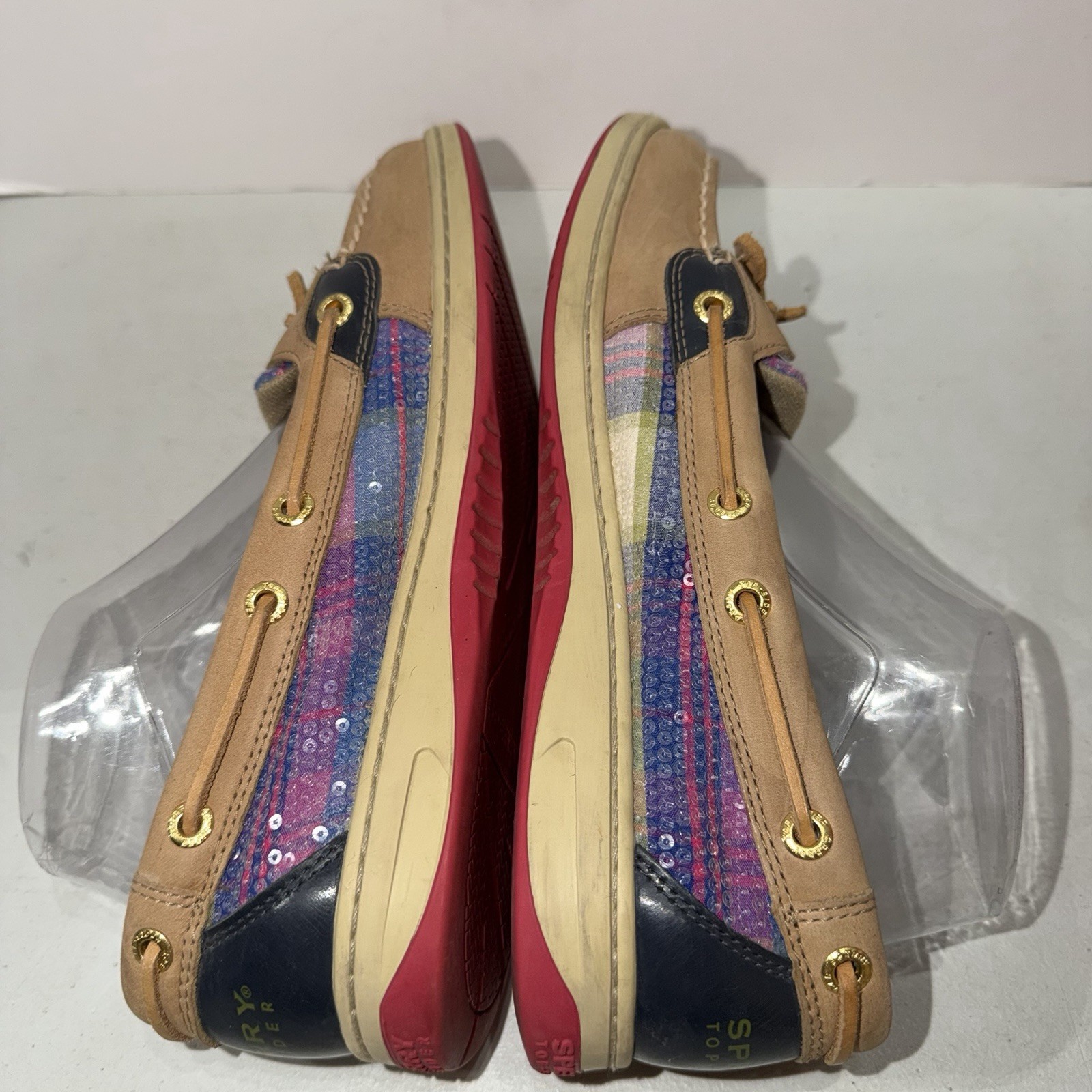 SPERRY Top Sider Anglefish Beige Leather Multicolor Plaid Boat Shoes Size 8.5