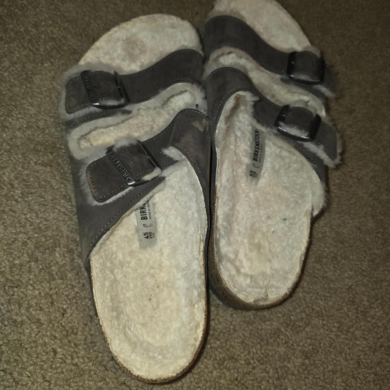 Birkenstock Shearling Lined Two-Strap Buckle Slide Sandals Leather Gray 38