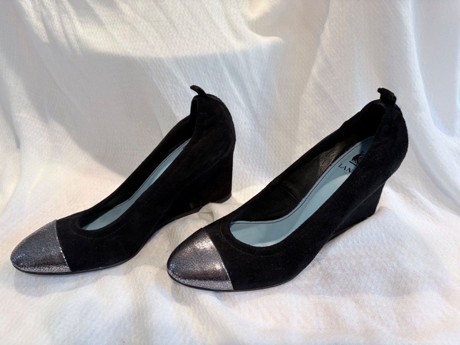 LANVIN Paris Suede & Metallic Cap-Toe Wedge Pumps | Size 38 | Black & Gunmetal S