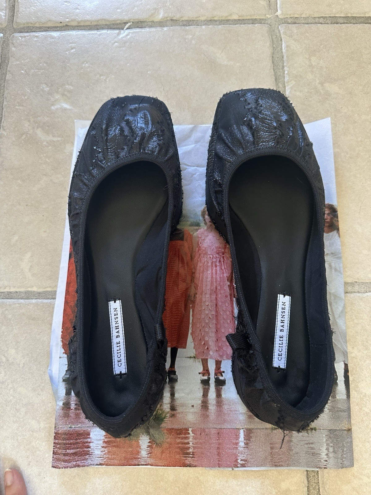 Cecilie Bahnsen Black Ballet Flats Square Toe Slip-On Floral Textured Cotton 9US