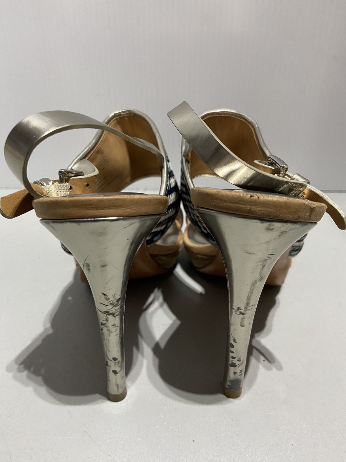 COACH Steffi Heels Pumps Slingback Shoes Blue Tan Silver Women’s Size 8B Q1861