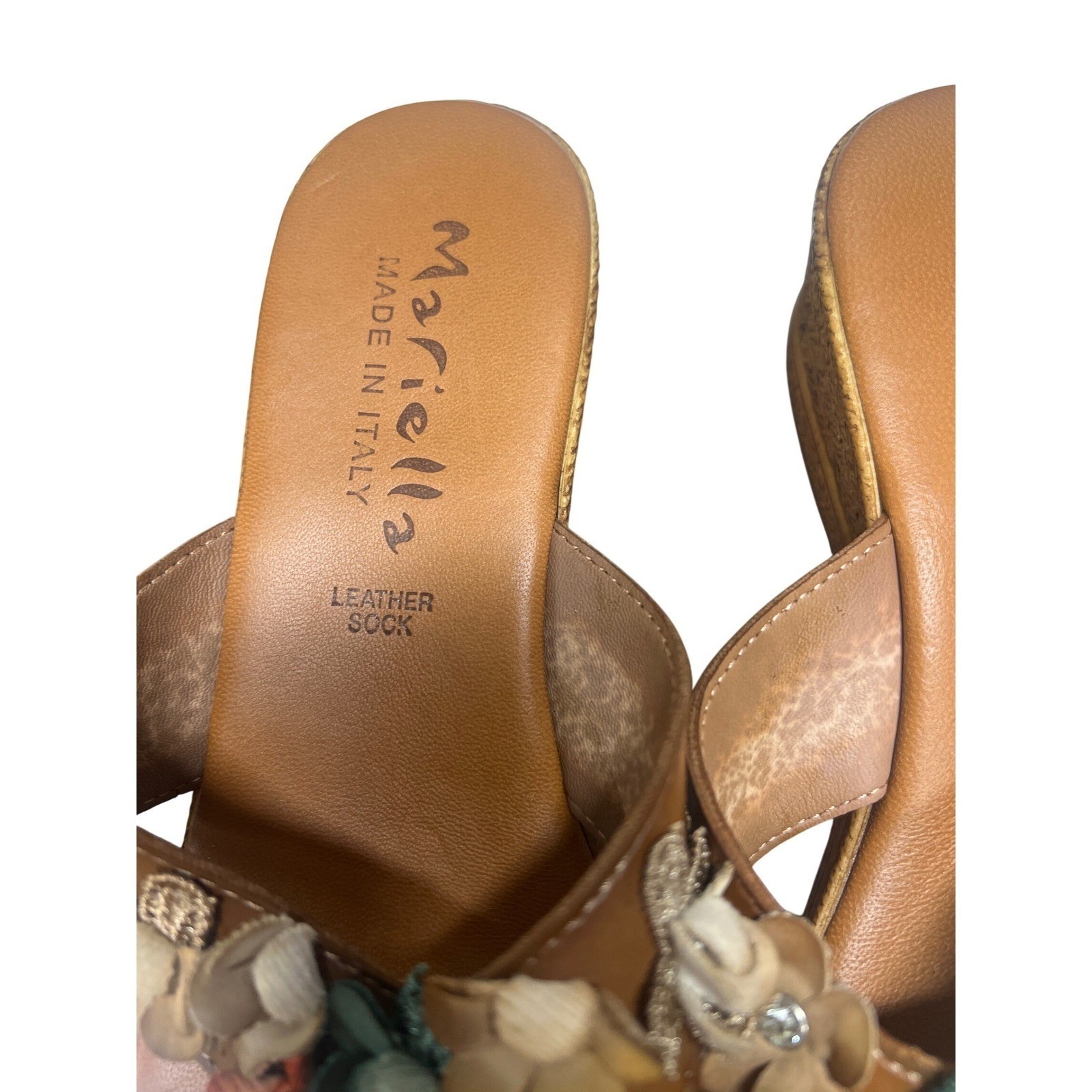 Mariella Made In Italy Tan Leather Floral Wedge Sandals Size 38 Boho Chic