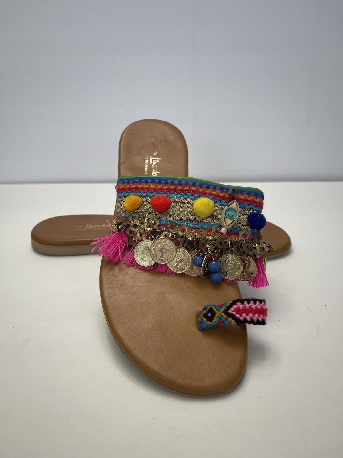 ELINA LINARDAKI Jaipur Sandals Pom Poms Coins Evil Eye Charms Womens 39 8.5 US