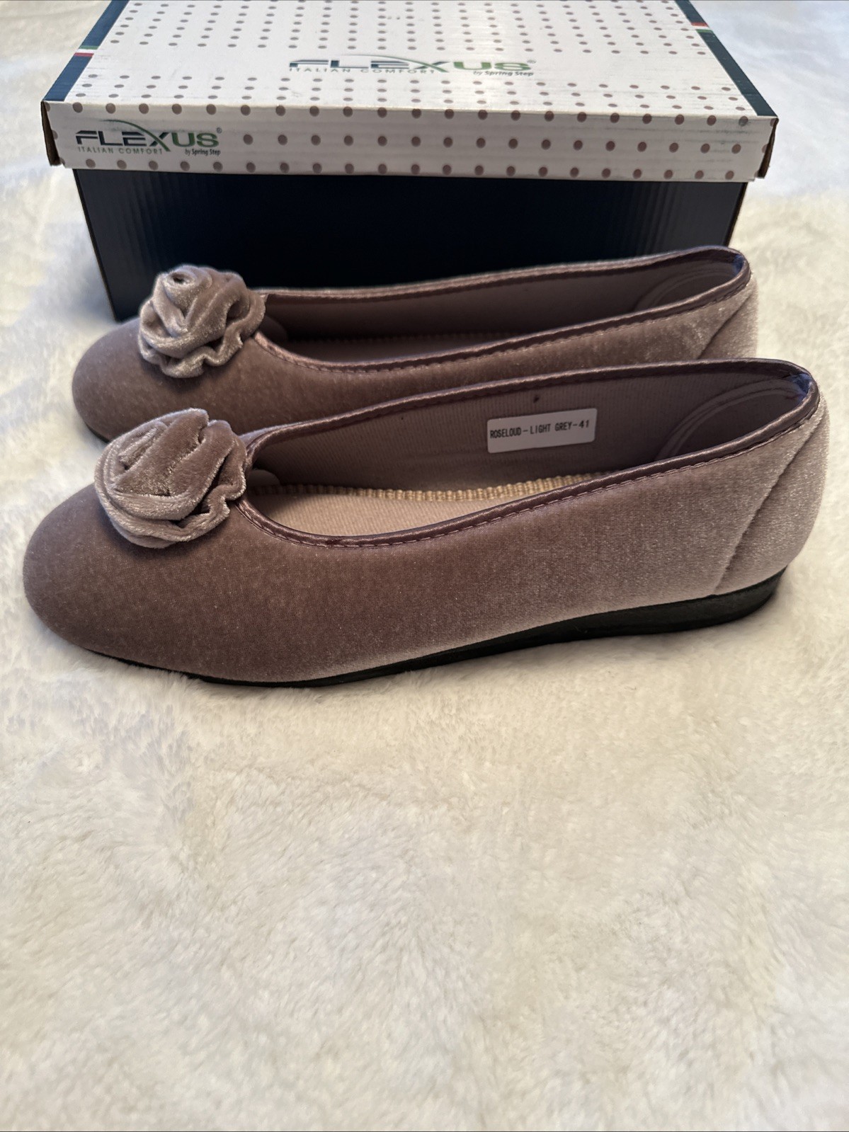 Flexus Roseloud Velvet Textile Flats Slippers Taupe EU 41 US 9.5-10 NIB