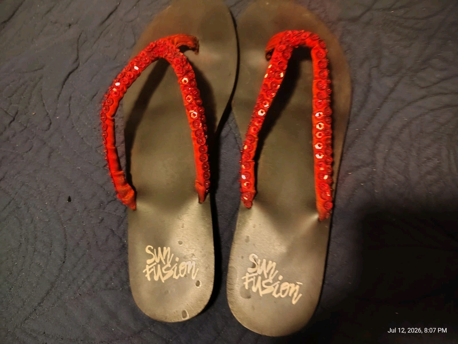 Sun Fusion Red Sequin Flip-flops Sandals Size 9/10 Slides Bling Bling Shoes