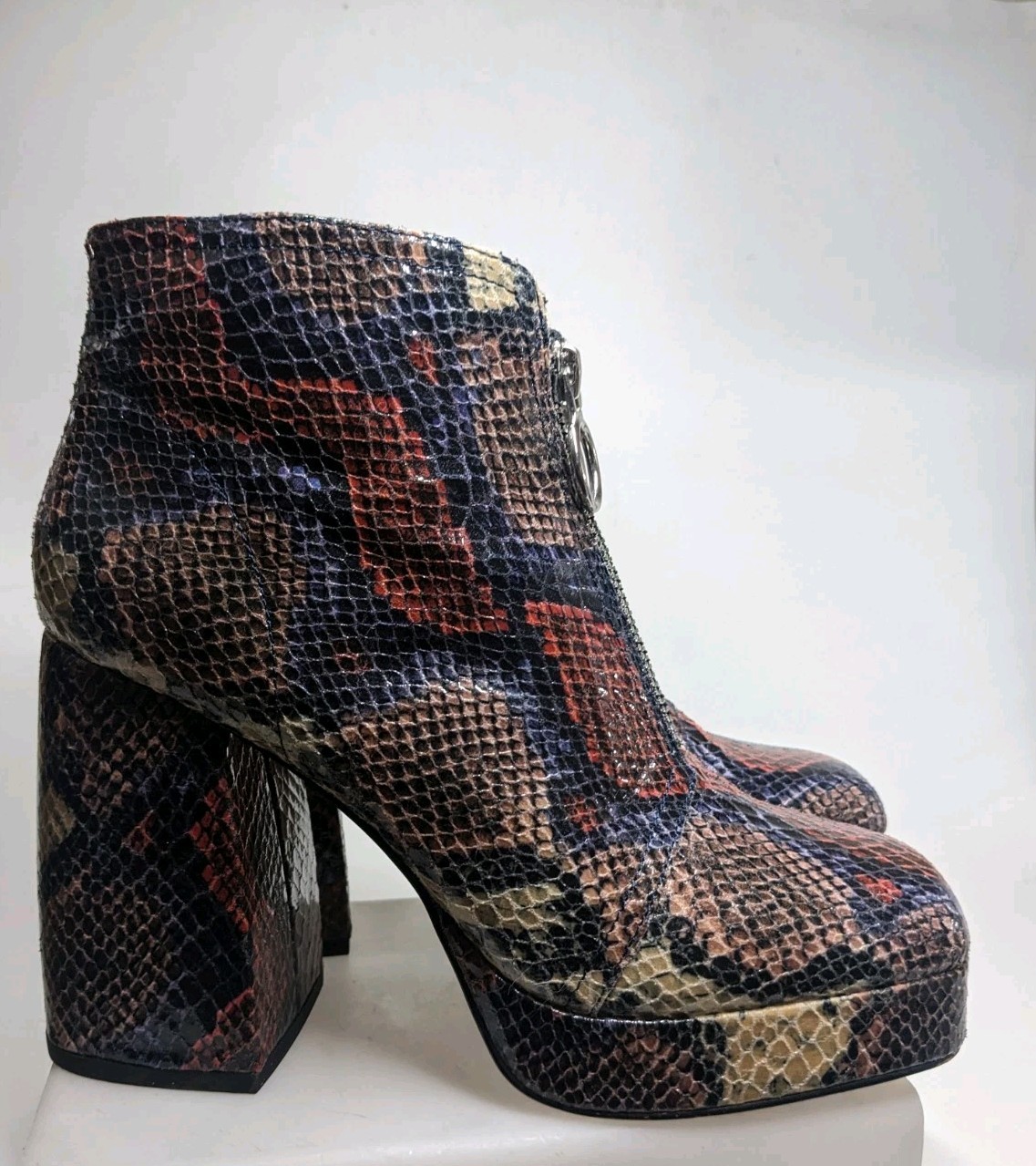 Katy Perry The Uplift Bootie Snake Print Front Zip Platform Block Heel Boots 7M