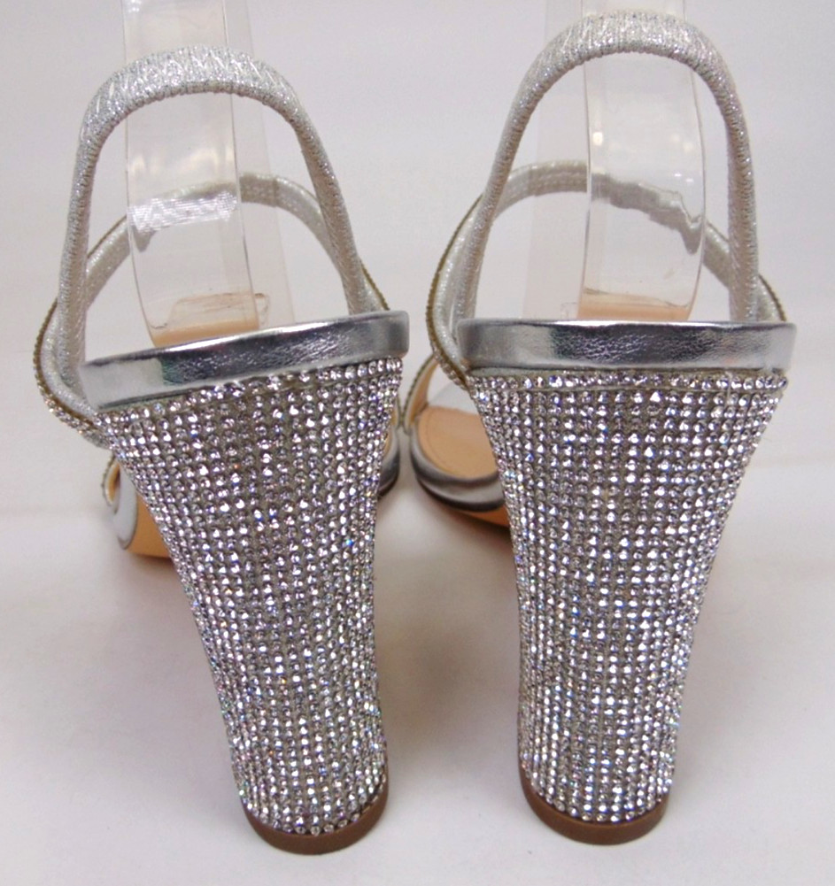 Nina Sanchia Evening Heels Sandals Womens Size 8.0 Med Rhinestone Silver Strappy