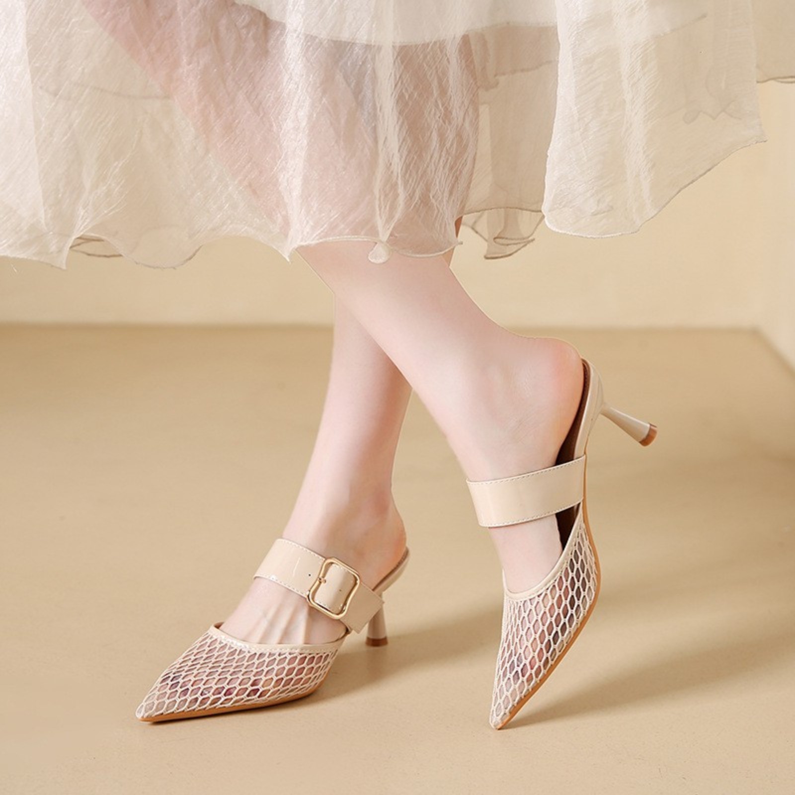 Mesh Pointed Toe Mule Heels Women Hollow Out Strap Slip on High Heel Sandals