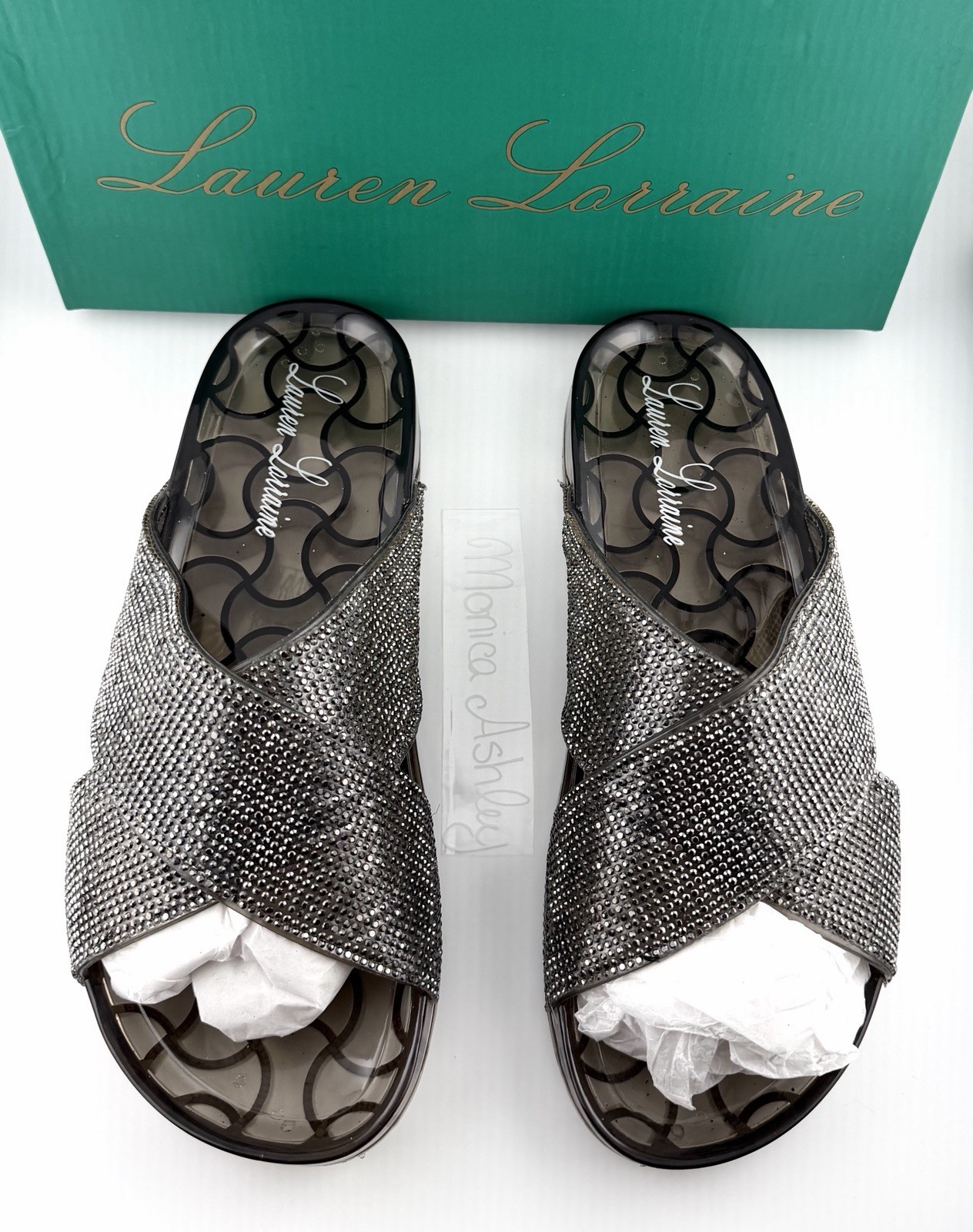 Lauren Lorraine Womens 10 Black Silver Jeweled Jelly Slides Slip On Sandals NEW