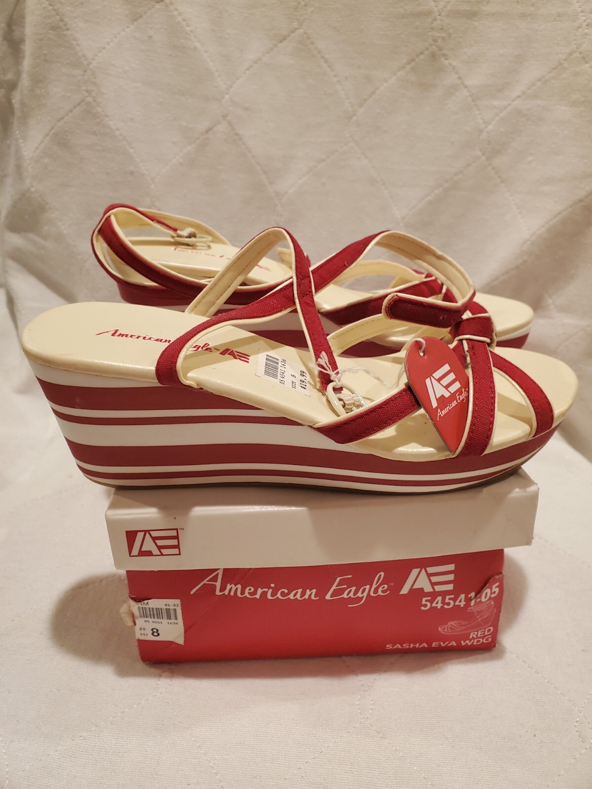 American Eagle Women 8 M Red White Sasha Eva Wedge Heel Stripe Strappy Shoe