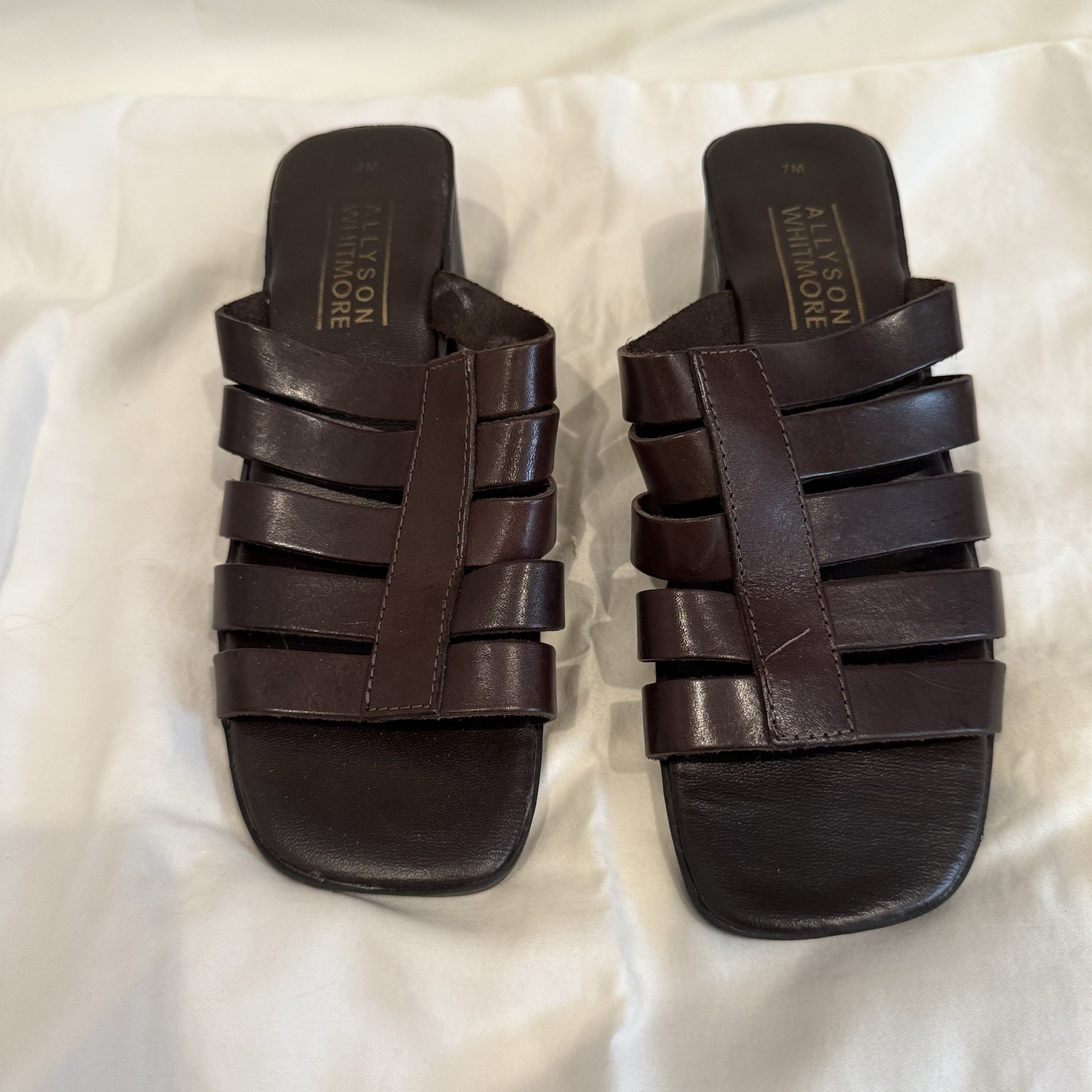 Allyson Whitmore Brown Leather Block Heel -Slip on Sandals -Size 7