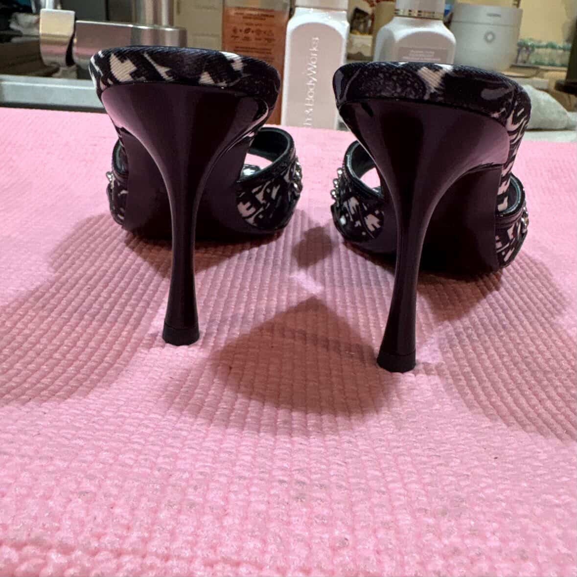 Dior Black & White Monogram cherry blossom Chain Heels Open Toe Leather Women’s6