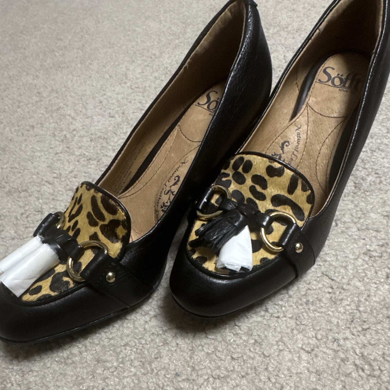 Sofft Black/Tan Leather Almond Toe Pump Slip On Animal Print Tassel US 6.5