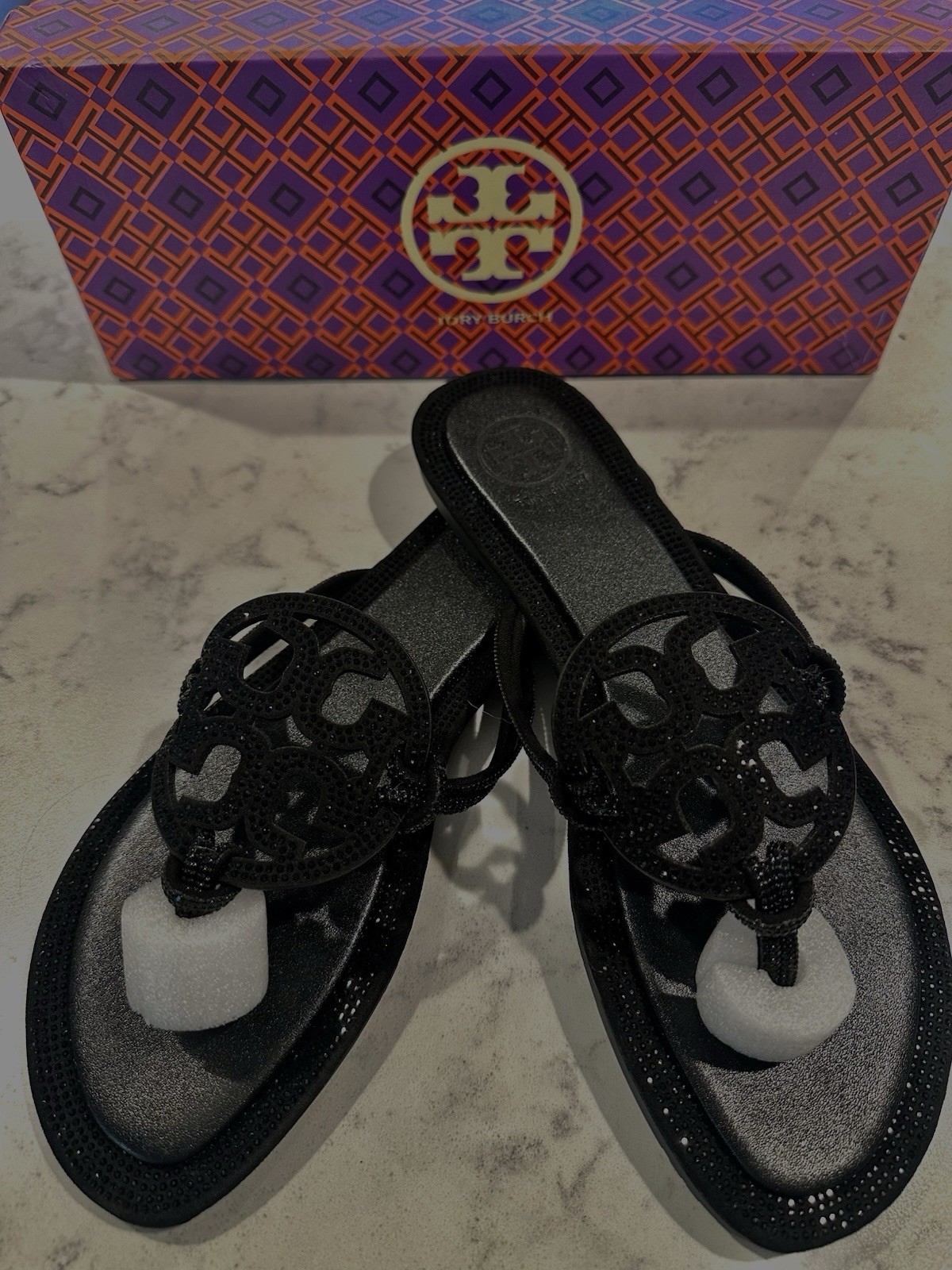 Tory Burch Women’s Black Suede Glitter Logo Thong Slip-On Flat Sandal 10.5