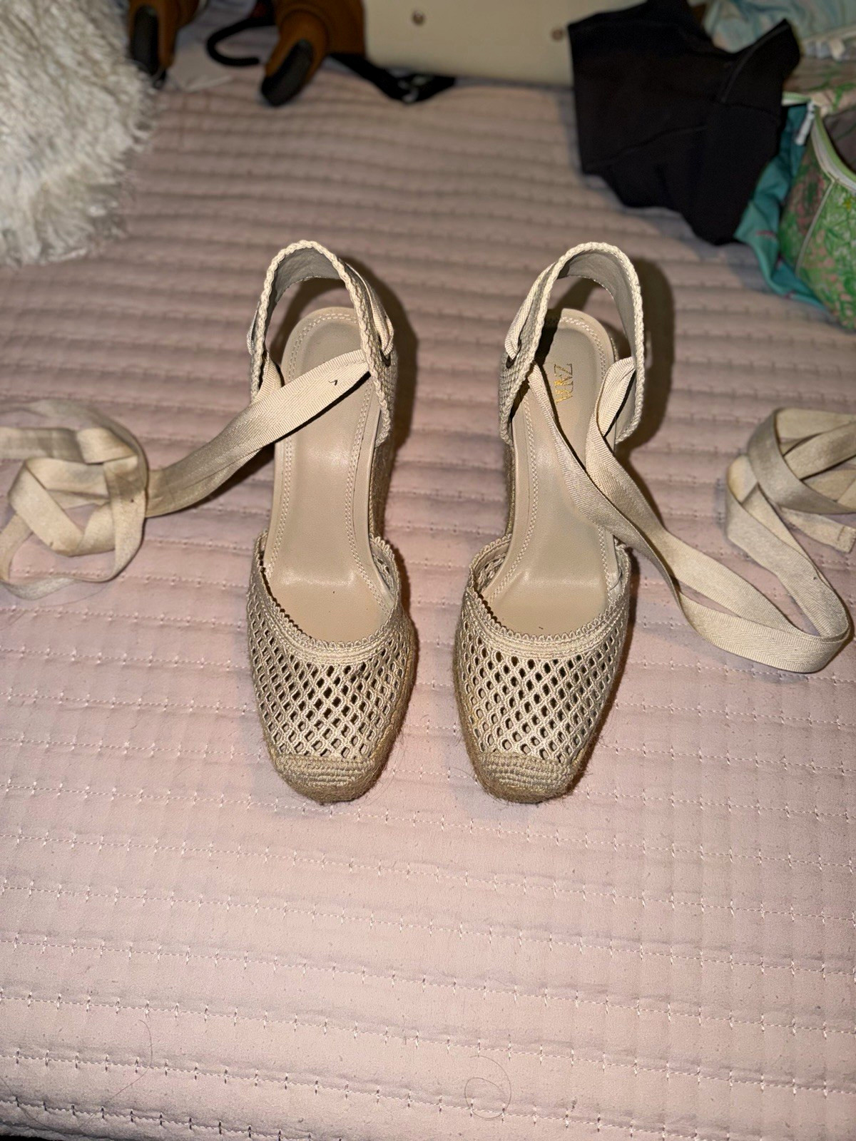 ZARA Beige Lace Ankle Tie Wedge Espadrille Sandals Women’s US 7.5