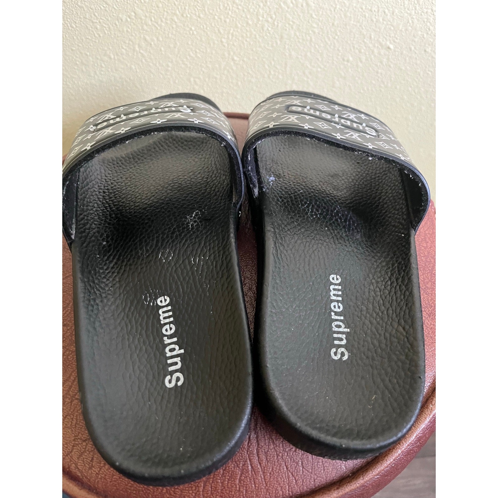Louis Vuitton x Supreme Black Monogram Slides Sandals, Size 8/40