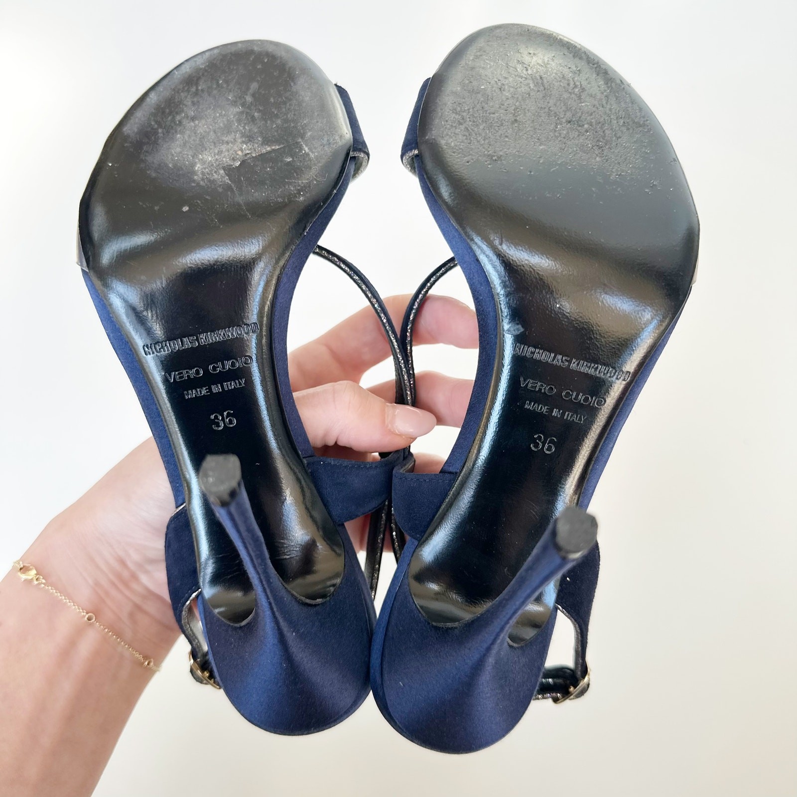 Nicholas Kirkwood Sandals Heels Navy Blue Suede Slingback Glitter Trim PVC 36