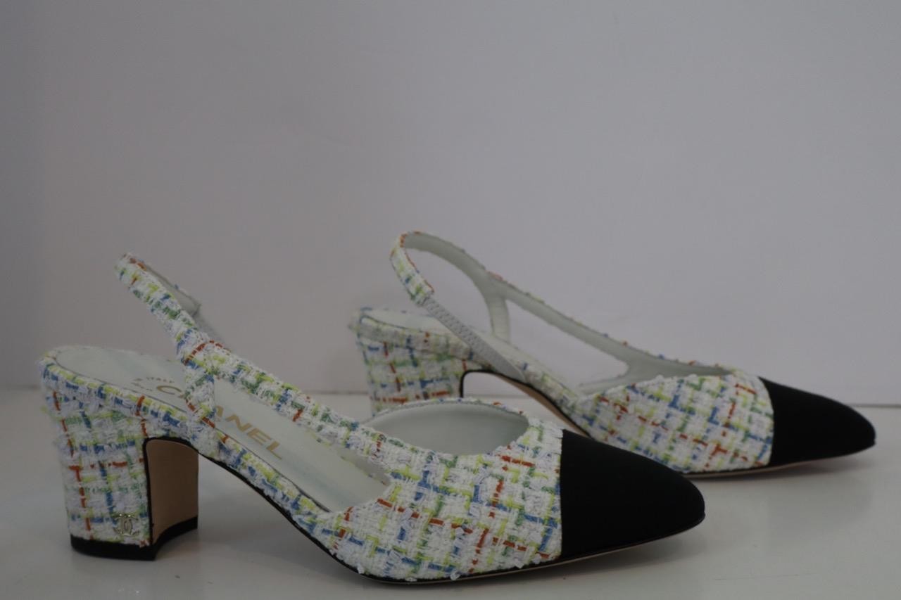 CHANEL White Multicolor Tweed/Black Grosgrain Cap Toe Slingbacks 38.5/US 8.5