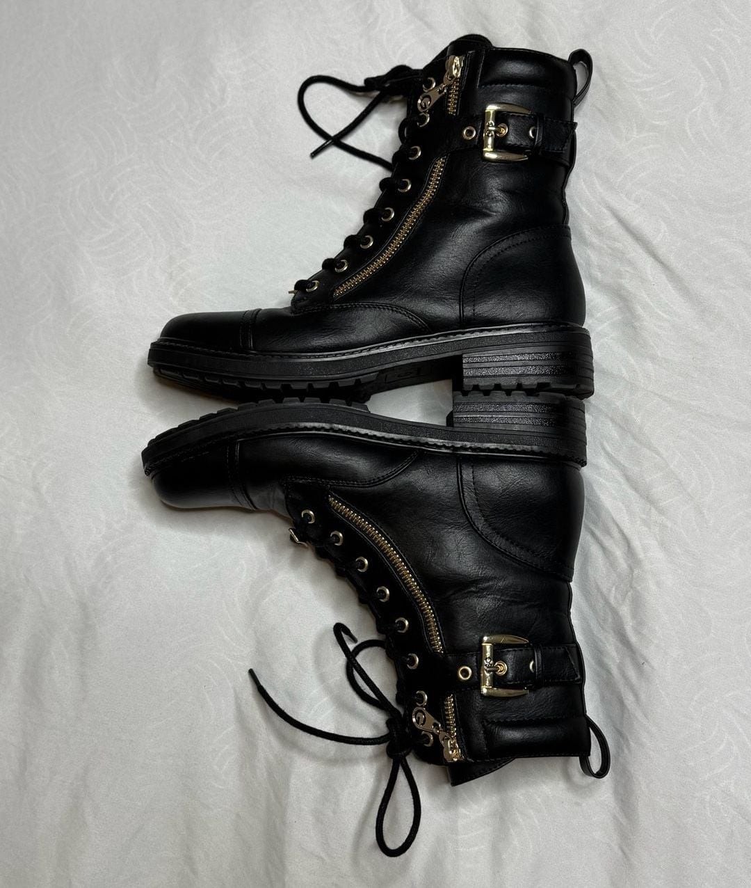 Guess Gemina Black Combat Boots with Gold Buckle and Logo Hardware