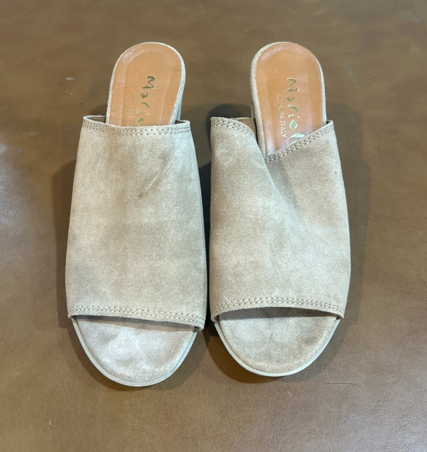 Mariella Suede Peep Toe Sandals Block Heel Mules Slip On Made in Italy Size 6.5M