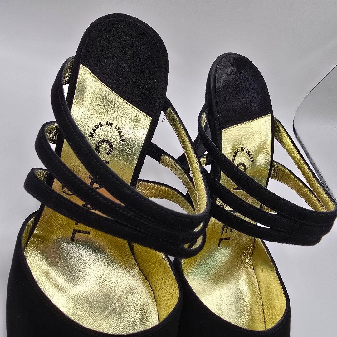 CHANEL Suede Mules Size 36 Black Gold Accents with Box and Dust Bags