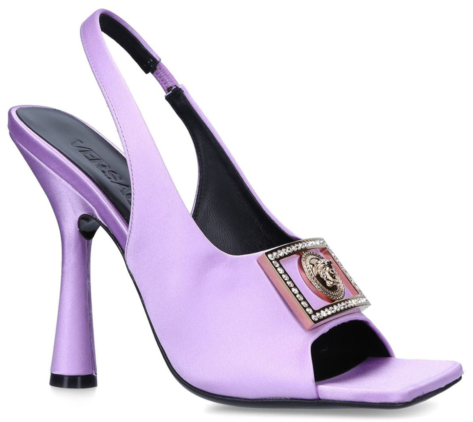 NIB Versace Tribute Medusa Logo Crystal Satin Open Toe Slingback Pumps 37.5 7.5