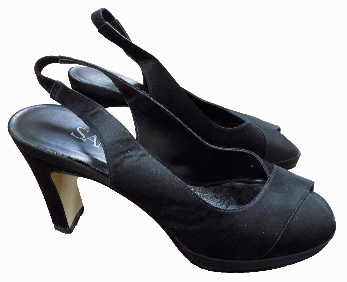 Sam & Libby Darla Black Satin Classy Slingback 3.25″ Heels Open Peep Toe 7.5 EUC