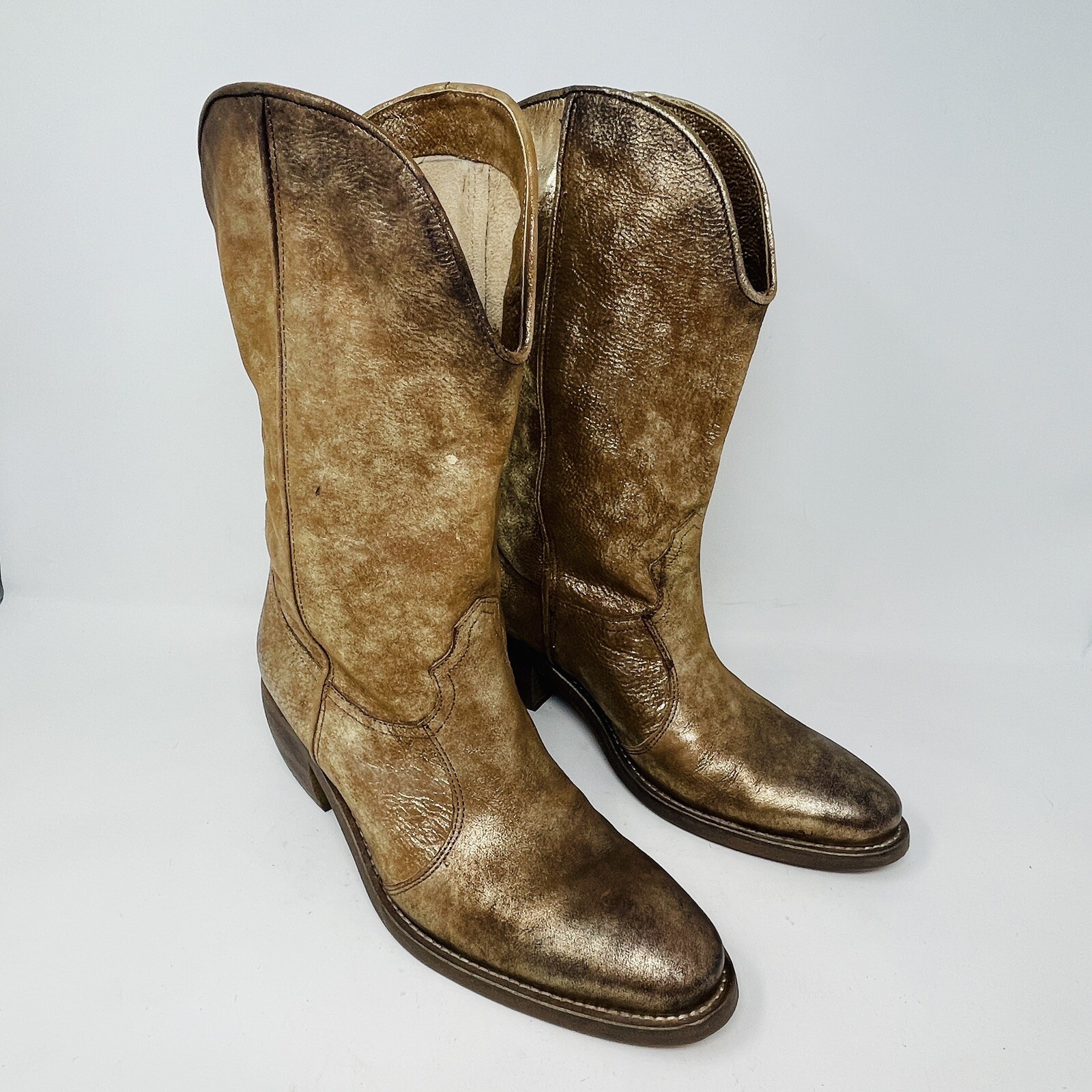 Arnold Churgin Women Boots 40 Gold Leather Metallic Handmade Canada Western RARE