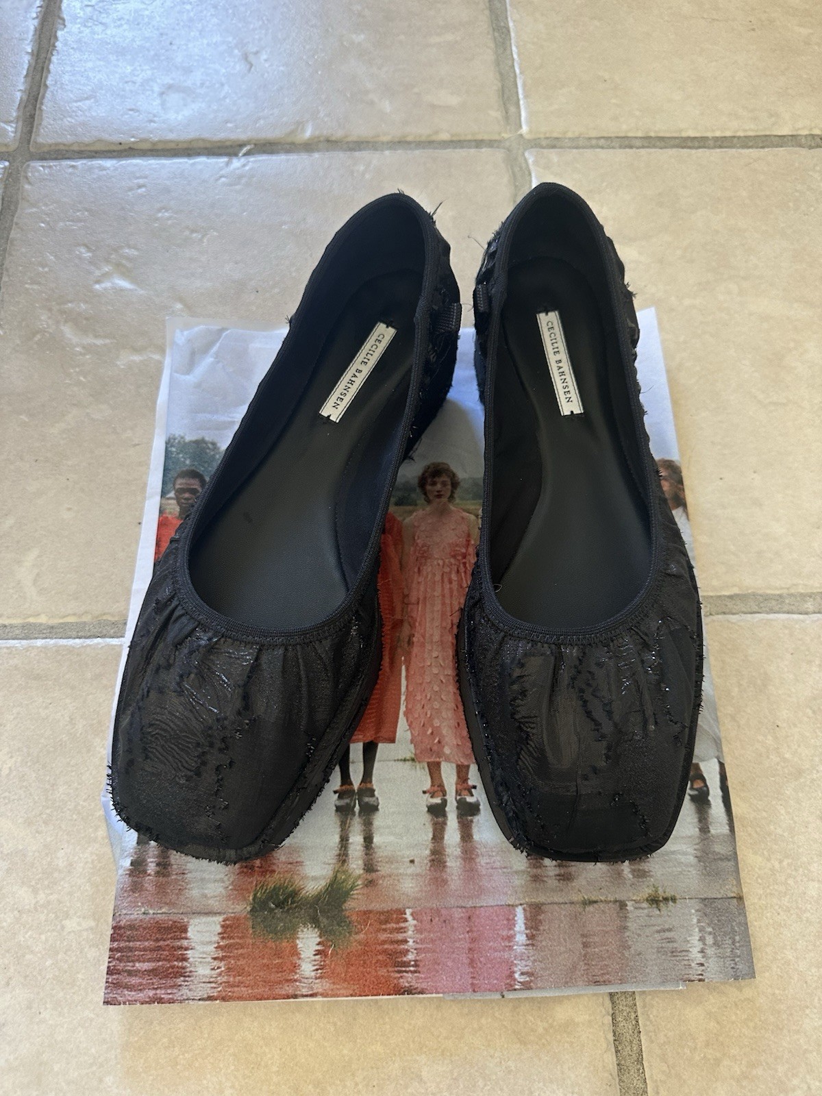 Cecilie Bahnsen Black Ballet Flats Square Toe Slip-On Floral Textured Cotton 9US
