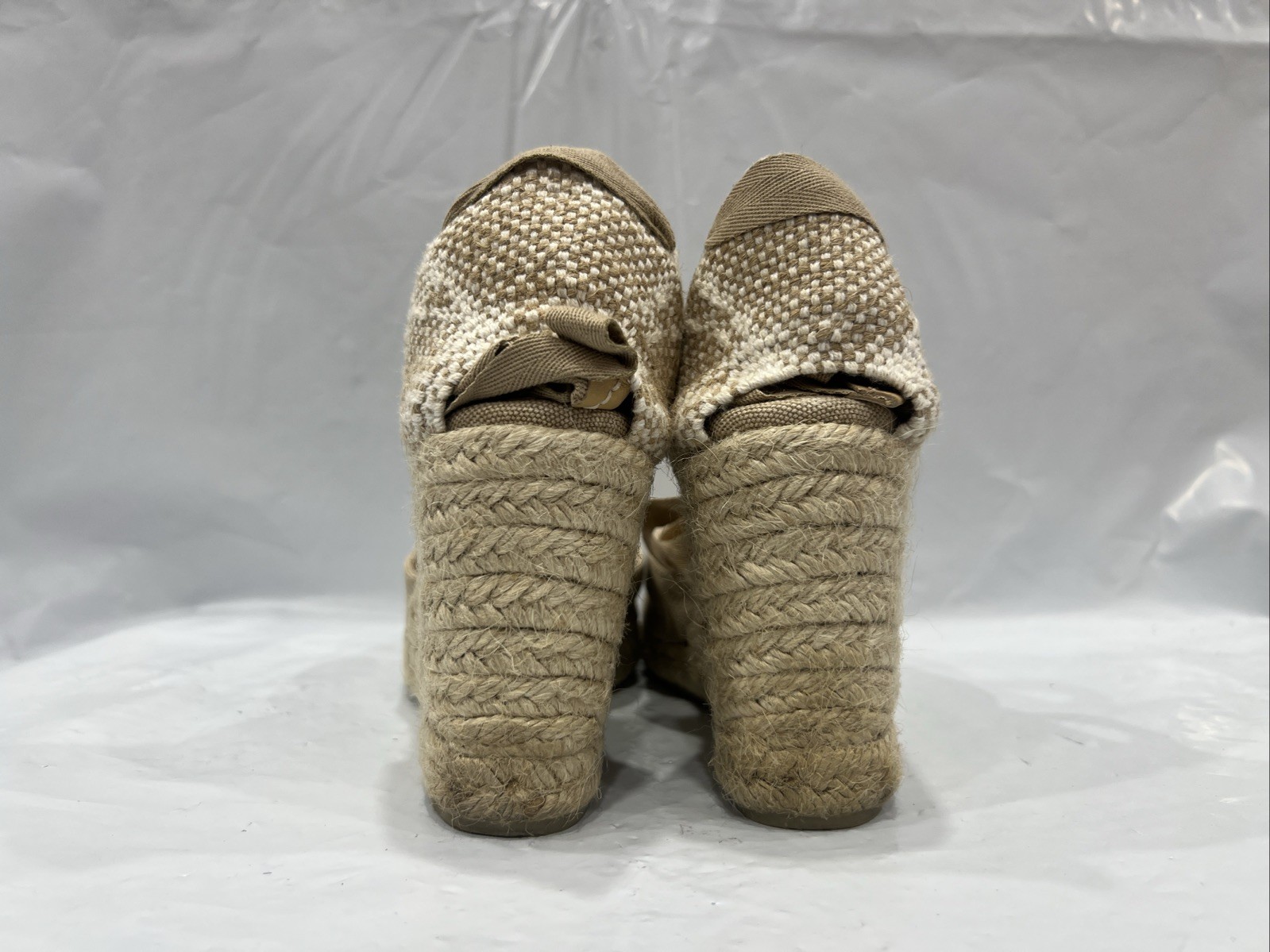 Castañer Chiara Sandals Women US 6 Sand Ankle Wrap Wedge Heel Espadrille EBS2330