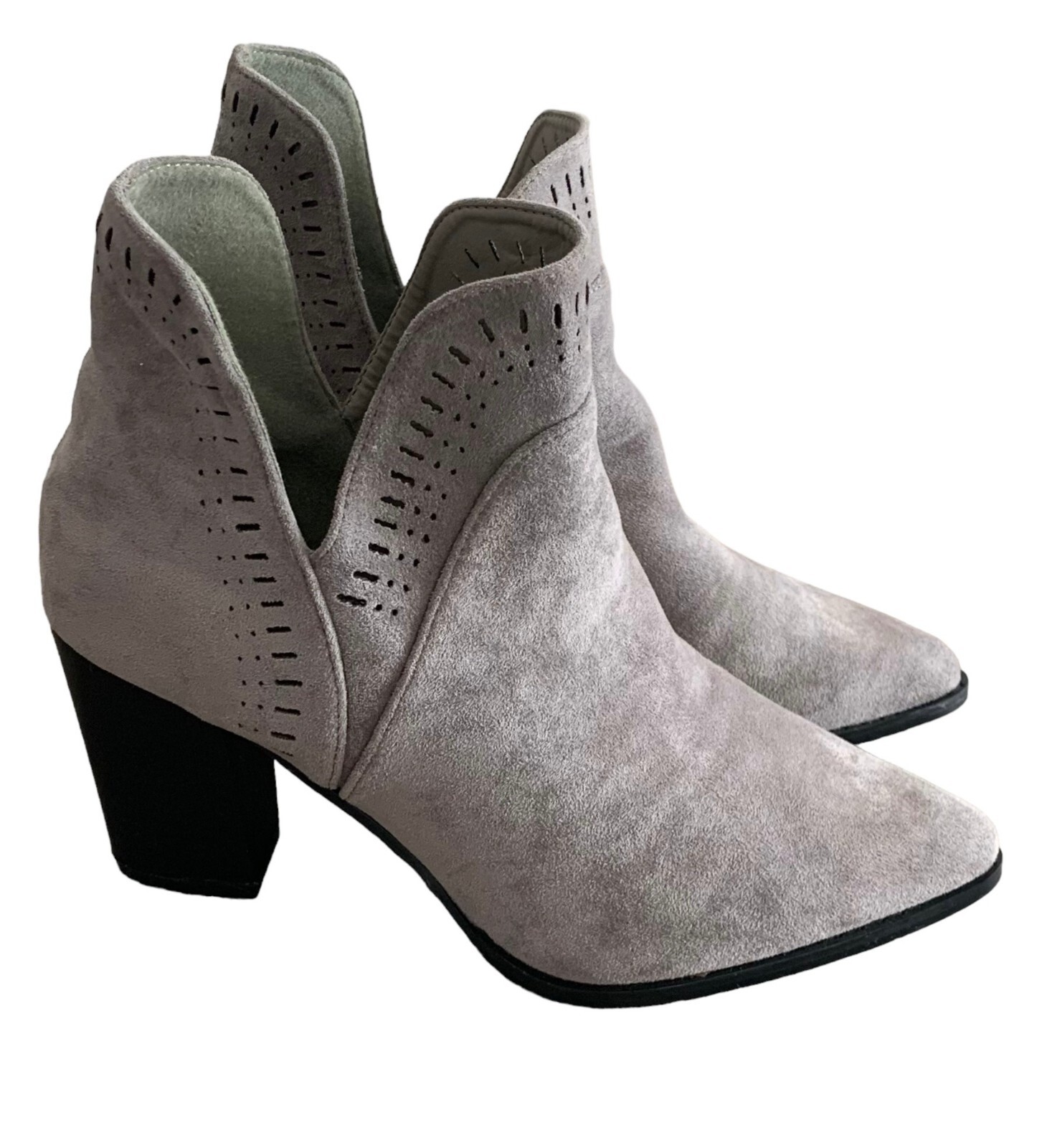 OLIVIA MILLER Gray Faux Suede Point-Toe Block Heeled Women’s Ankle Boots Size 11