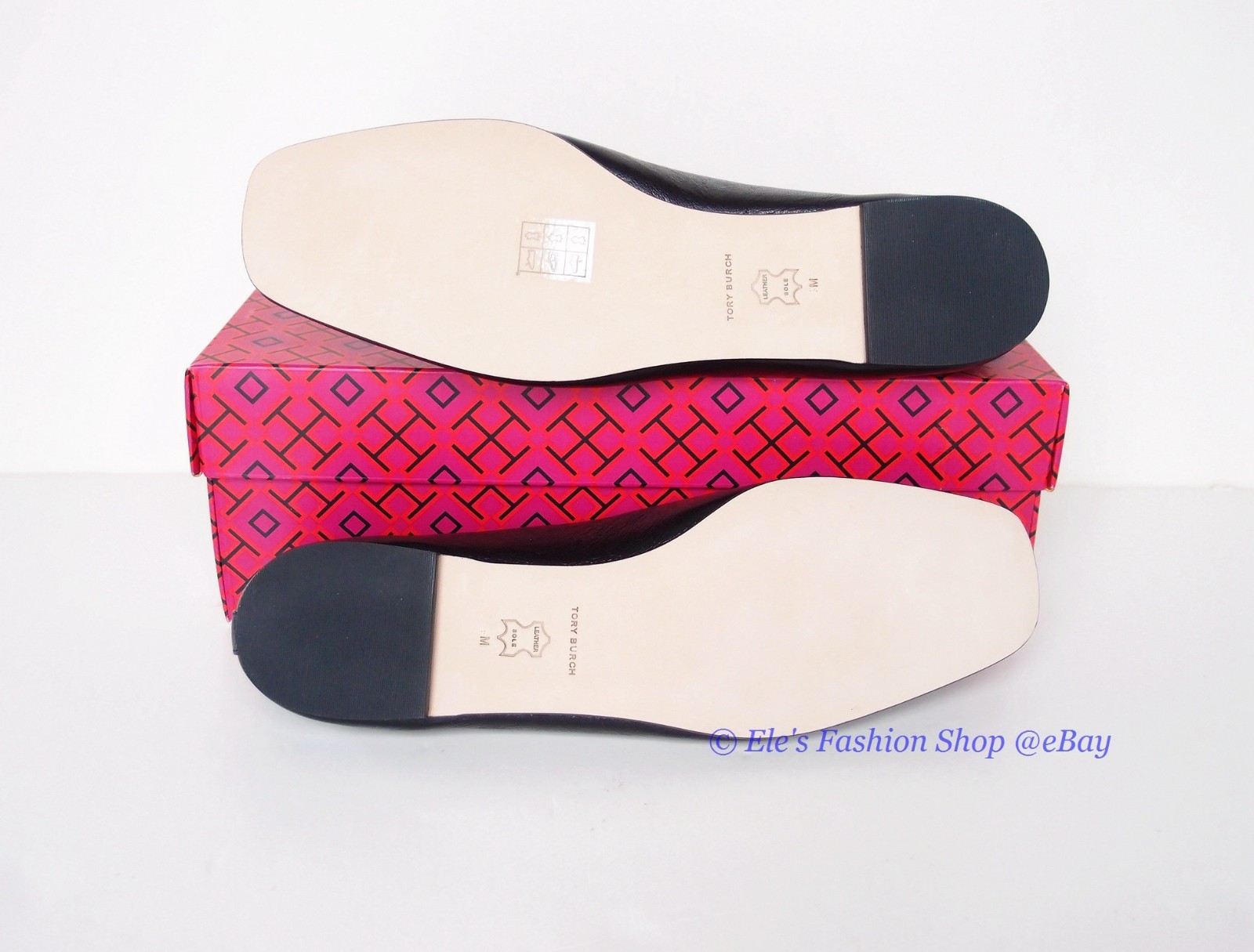NIB Tory Burch Eleanor Ballet Leather Flat BLACK Gold US 8 8.5 9 AUTHENTIC