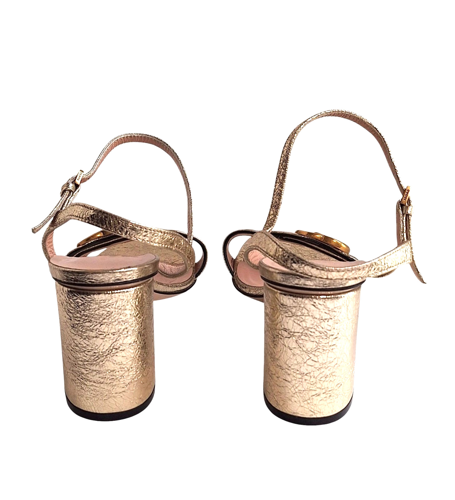 Gucci GG Marmont Ankle Strap Block Heel Sandals in Gold Leather 37