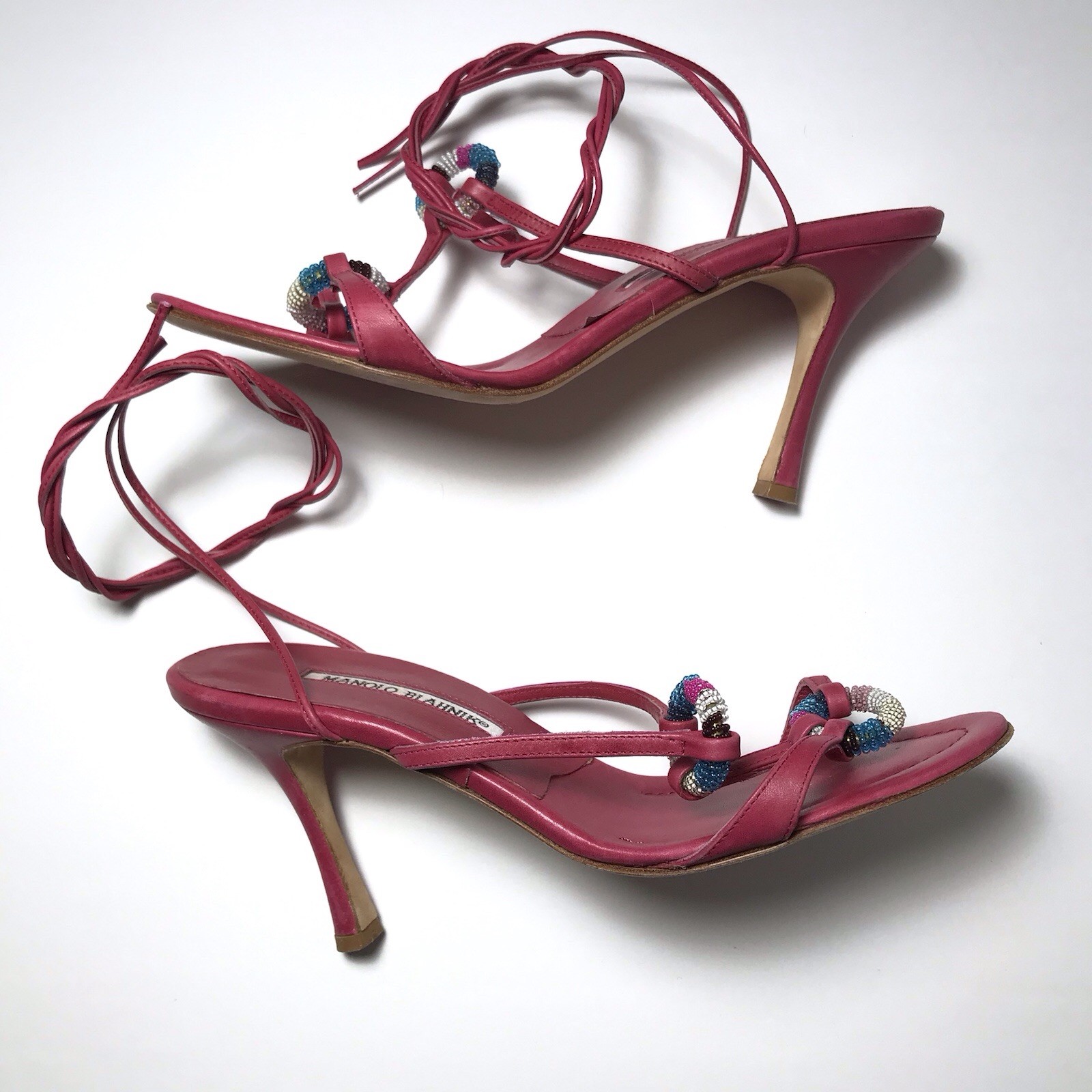 Manolo Blahnik Y2K Vtg Pink Beaded Ring Strappy Ankle Lace Stiletto Sandals 38