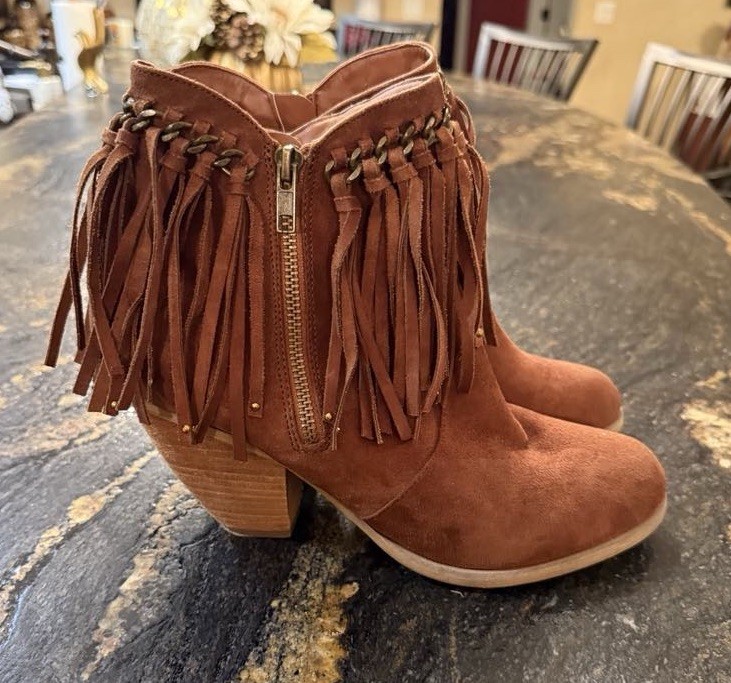 Not Rated Alonzo Fringe Western Booties Brown Suede Ankle Side Zip Womens Sz 8.5