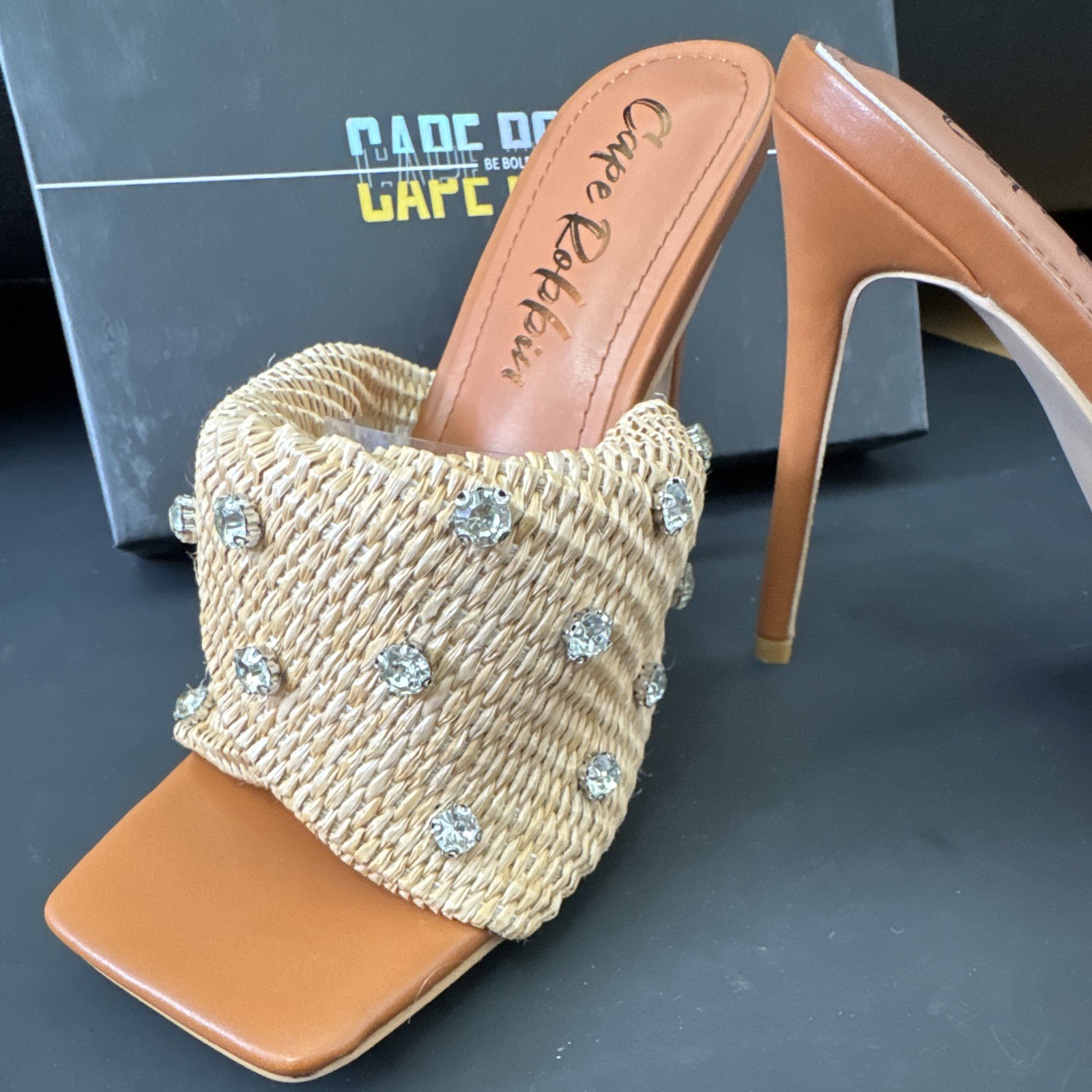 Cape Robbin Beige/Brown Woven Fabric Rhinestone Mule Square Toe Stiletto US 10