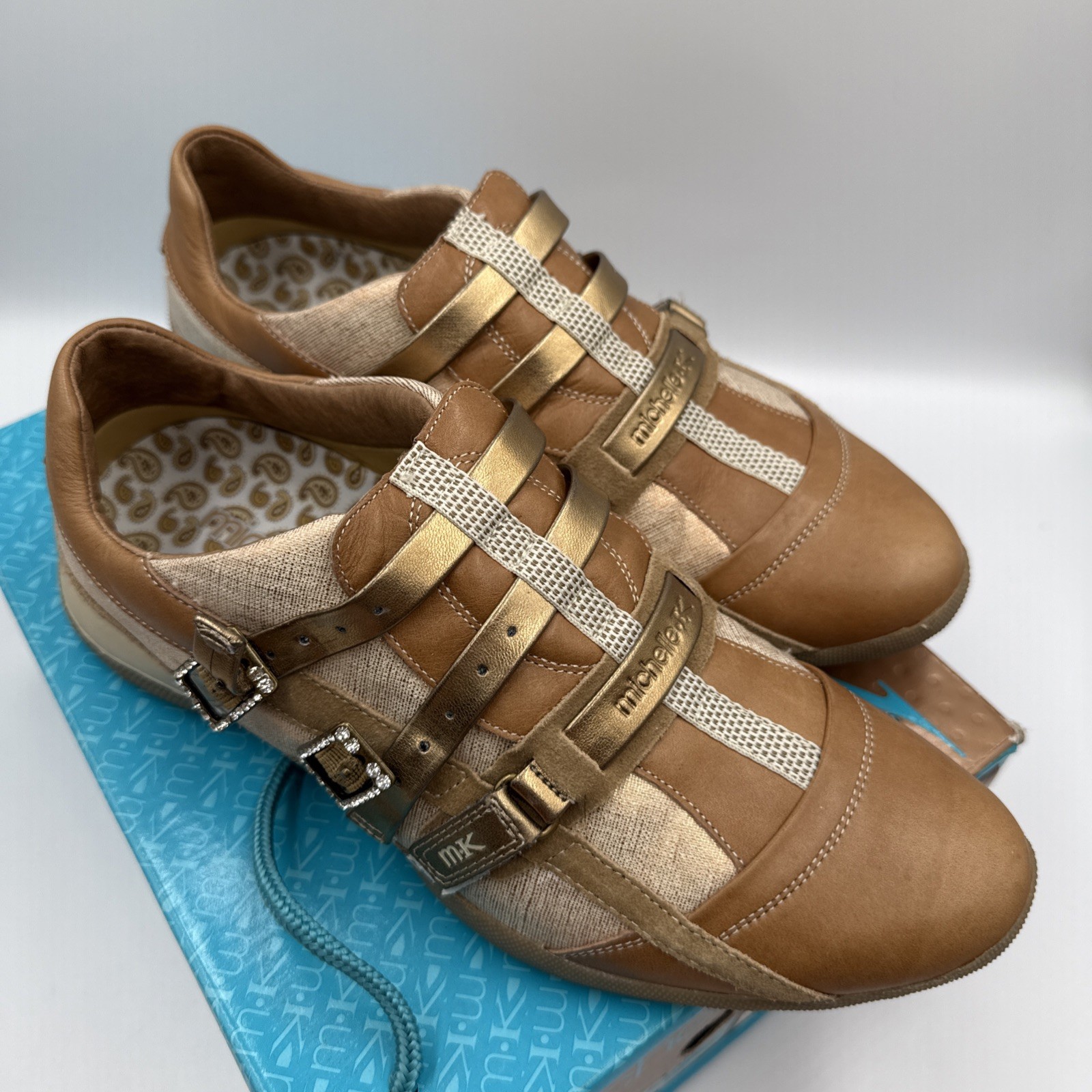 Michelle K Sport Women’s Sz 6 Brown Gold Leather Lace Up Athletic Shoes Moxie