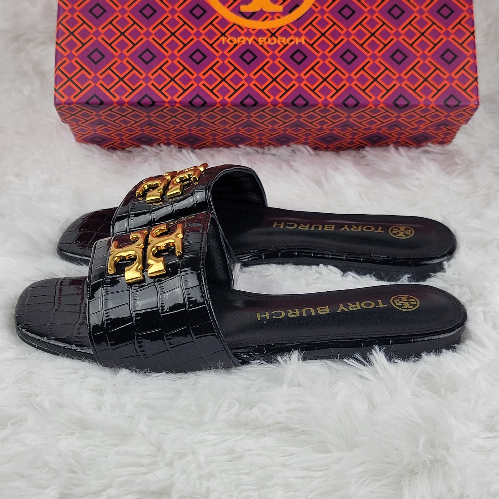 Tory Burch Eleanor Size 8 39 Sandals Black Leather Croc Gold Logo Slides New Box