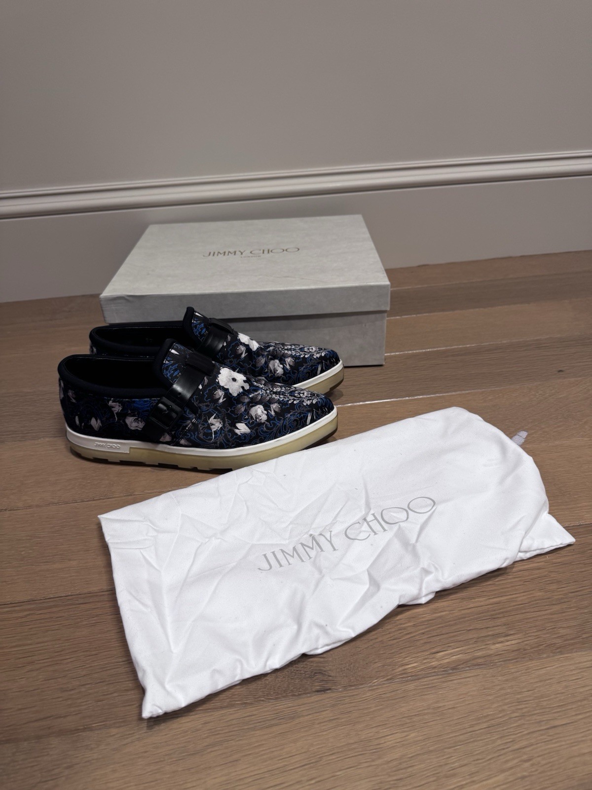 Jimmy Choo Women’s Floral Slip On Sneakers Blue Black White EU 37 Luxury Shoes