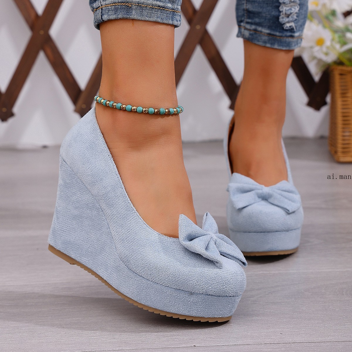 Women’s Bow-Knot Platform Wedge Pumps Slip-On Round Toe Comfort Mary Jane Shoes