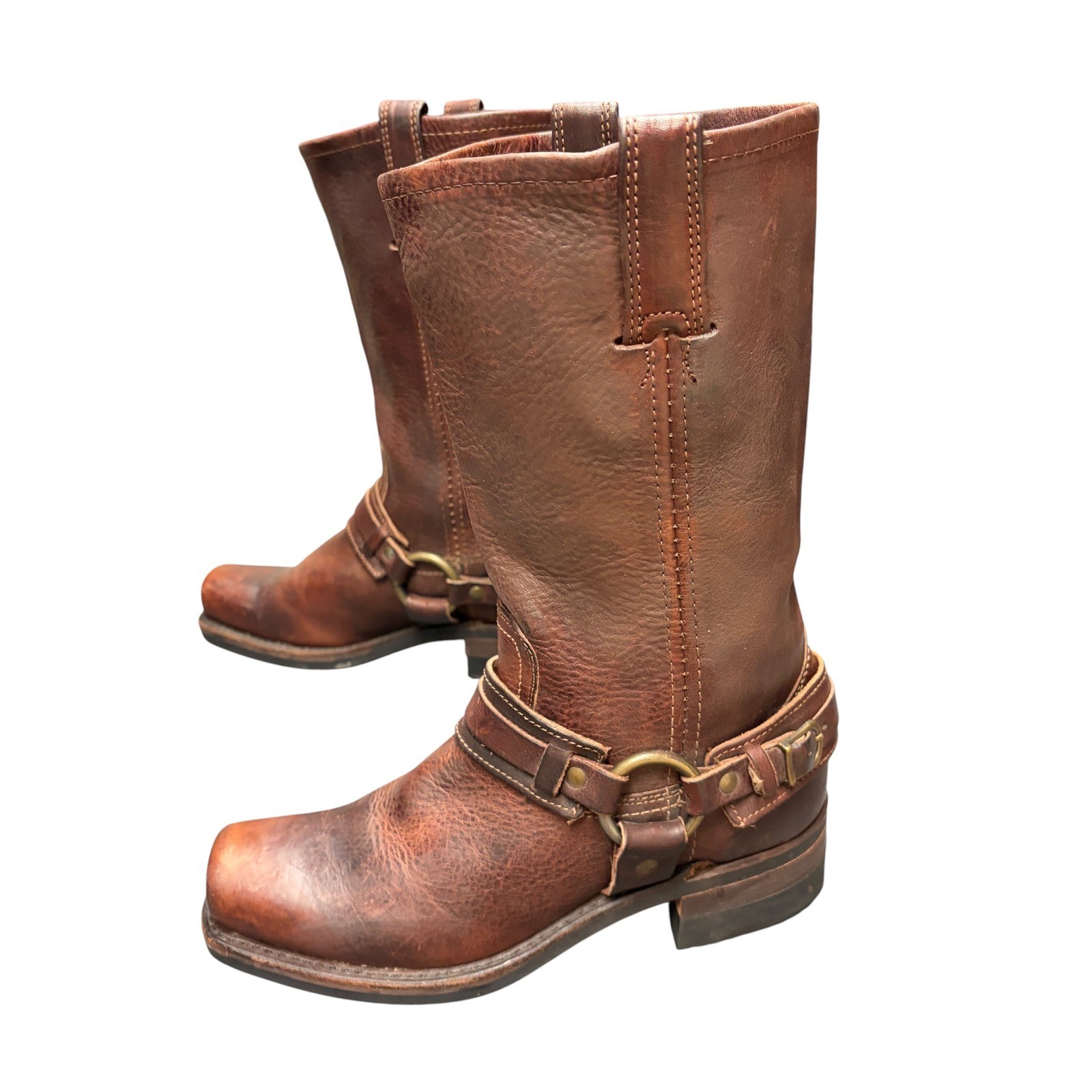 Vintage Frye Brown Leather Belted Harness Boots 77250 Pull On O-Ring Size 8