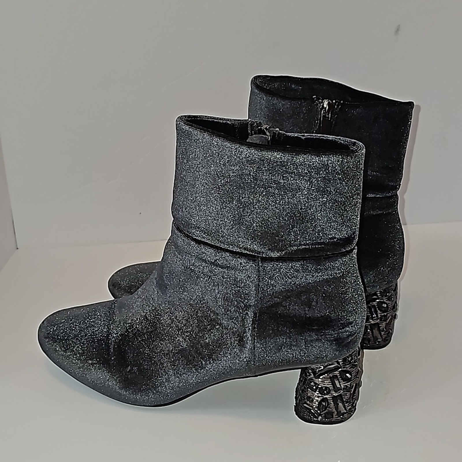 Ninety Union Lyon Gray Velour Ankle Boots Womens 11 Rhinestone Glam Chunky Heels