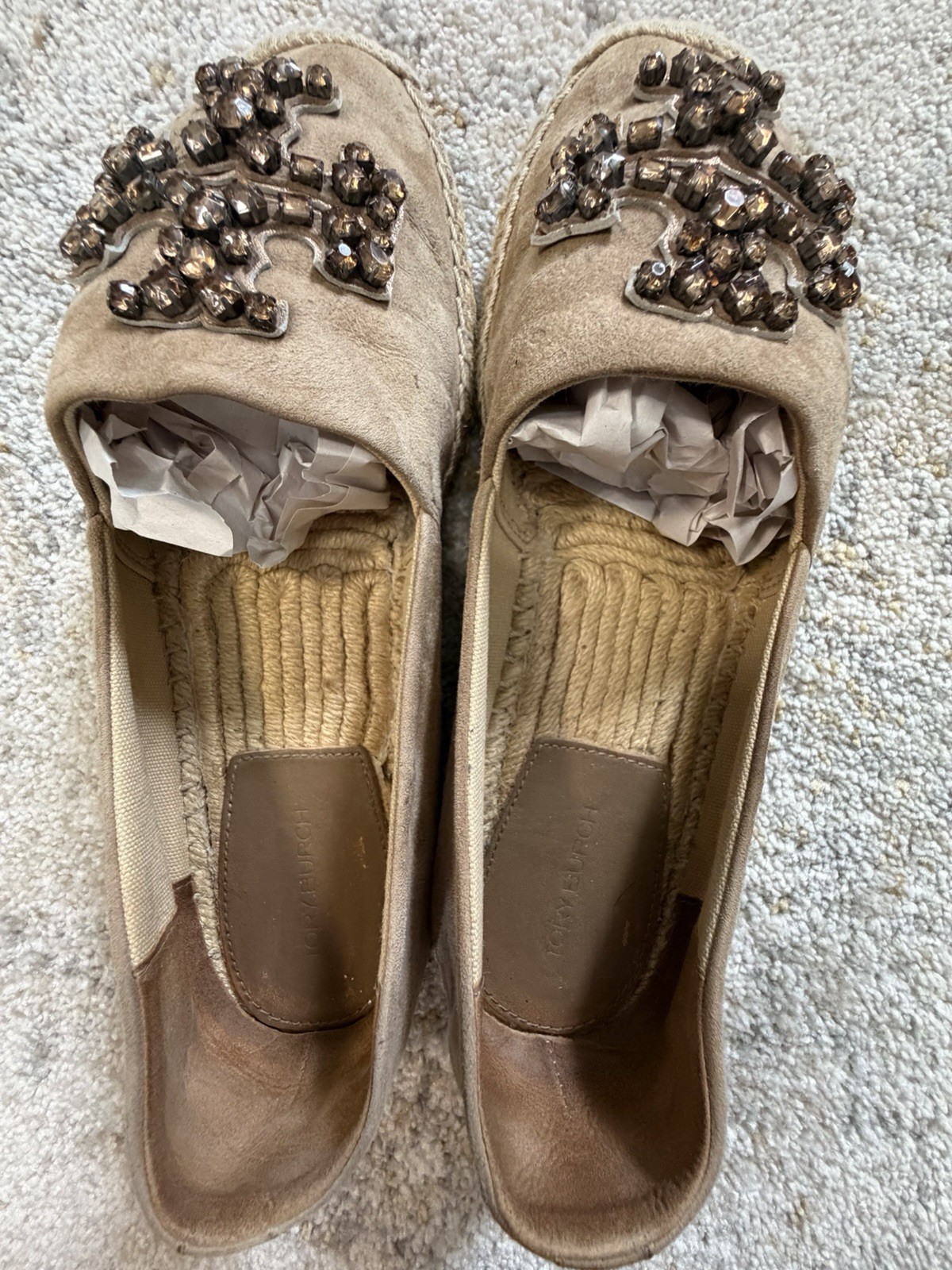 Tory Burch Ines Embellished Suede Espadrilles Taupe Tan Crystal Logo Flats 8