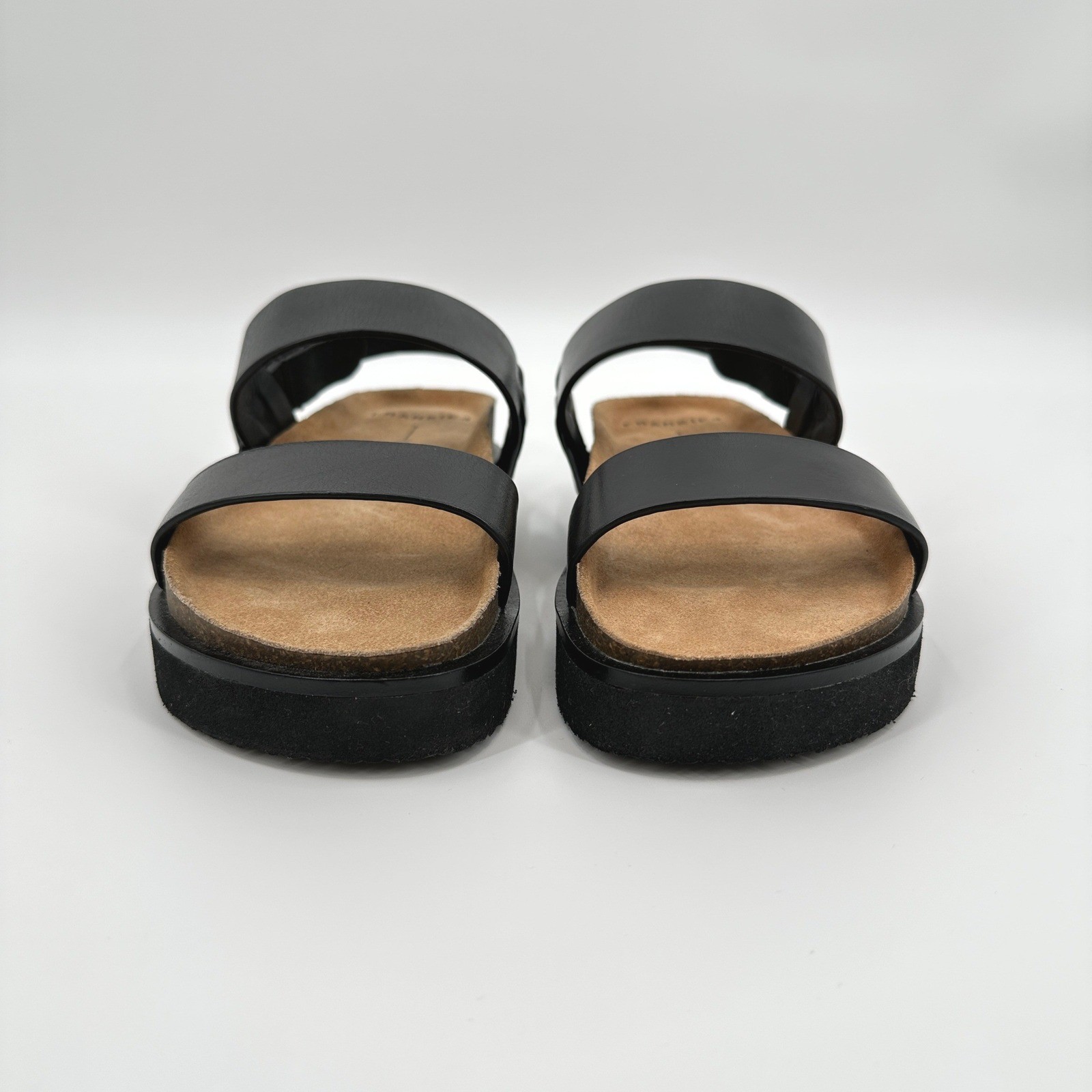 Frankie4 Hunter Black Leather Platform Sandals Womens 7 Cork Footbed NWOB