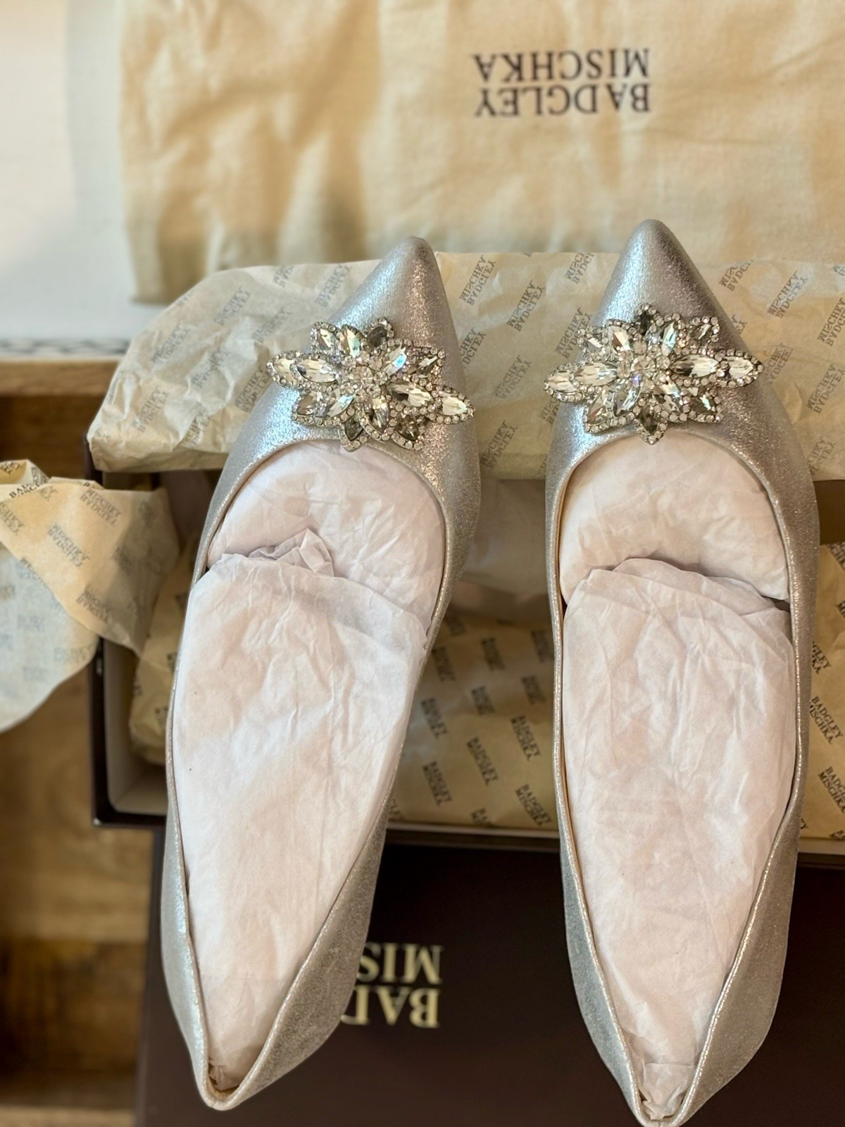 BADGLEY MISCHKA Karina Metallic Jeweled Flats Summer Wedding Perfection SZ8 New