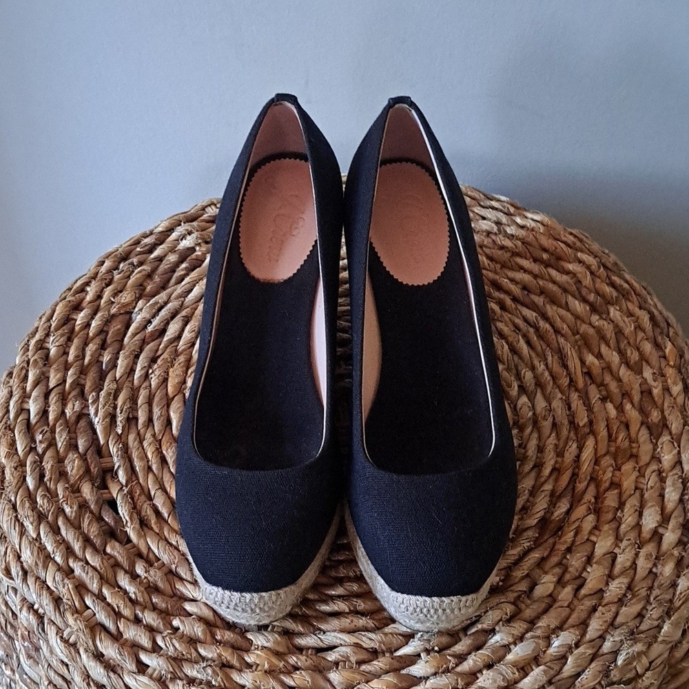 J.CREW Womens Classic Preppy Summer Black Canvas 3.25″ Wedge Espadrilles S-8